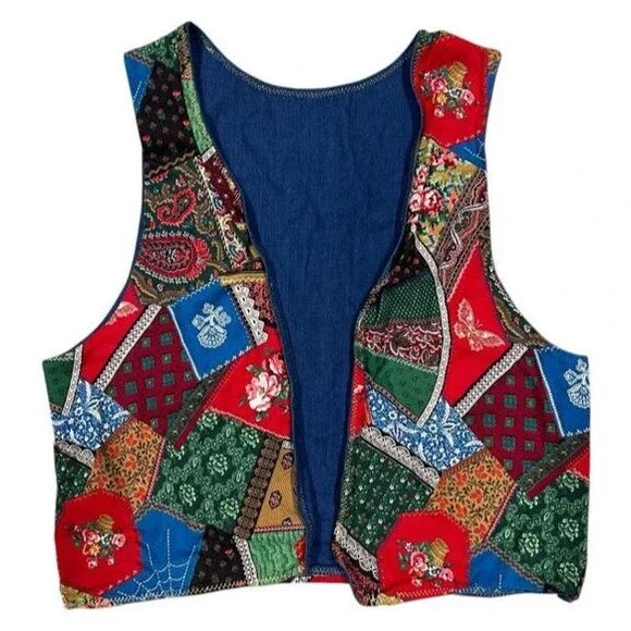 Handmade Vintage Colorful Patchwork Print Hippie Chic Reversible Vest - Picture 2 of 8